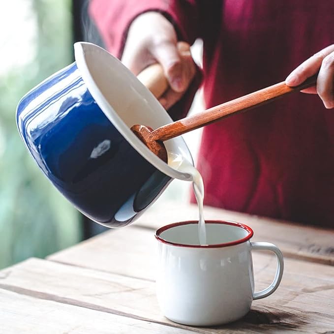 Enamel Milk Pan with Dual Pour Spout Butter Warmer Milk Pot for Stove Top Healthy White Enameled Inside Coating Iron 1QT Small Soup Pot with Wooden Handle (Blue)