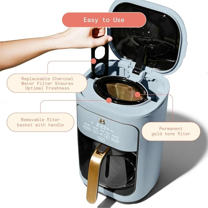 Beautiful by Drew Barrymore 14-Cup Programmable Drip Coffee Maker, Touch-Activated Display, Fast 14-Min Brew, Bold Strength, Keep Warm 4hrs, Gold Filter (Cornflower Blue)