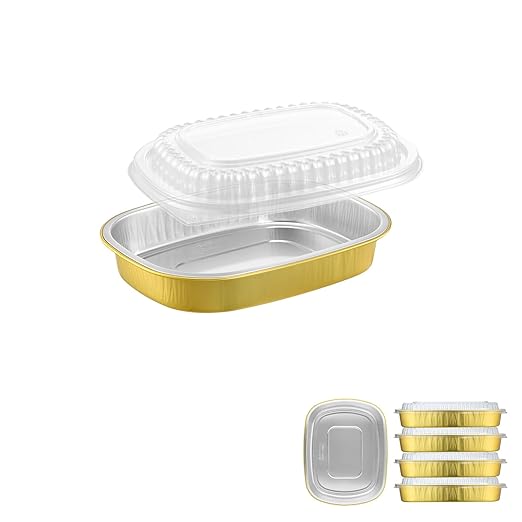 Oval Aluminum Foil Pans with Snap-On Lids (5 Pack) | 2X Thicker Heavy Duty Reusable Container 25oz for Take-Out (Gold)