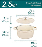 vancasso 2.5 QT Enameled Cast Iron Dutch Oven with Stainless Steel Knob Lid – Small Non-Stick Casserole for Steaming, Baking, and Roasting – Cream Color