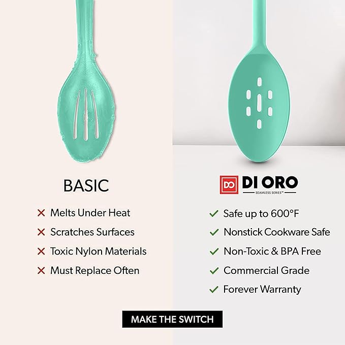 DI ORO Silicone Spoons for Cooking - Large Kitchen Spoons for Mixing, Serving, & Stirring - 600°F Heat-Resistant Non Stick Utensils – Big Solid & Slotted Basting Spoons - Dishwasher Safe (2pc, Mint)