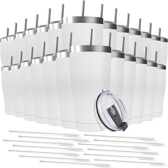 25 Pack 30oz Stainless Steel Tumblers Bulk Reusable Travel Mugs with Lid, Double Wall Powder Coated Coffe Cup for Home, Office, Outdoor Suitable for Vehicle Cup Holders White