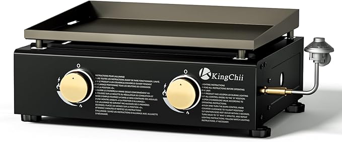 KingChii 19" Tabletop 2-Burner Griddle Portable Gas Grill with Rear Grease Trap, Powder Coated Steel, Black