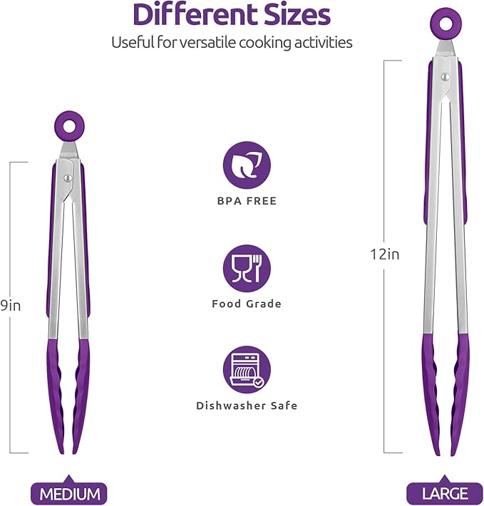 600ºF Heat Resistant Kitchen Tongs: U-Taste 9+12 inch Silicone Cooking Tong Set with Firm Sealed Non Stick Rubber Tips and Silicon Coated 18/8 Stainless Steel Handle for Serving Grilling Salad(Purple)