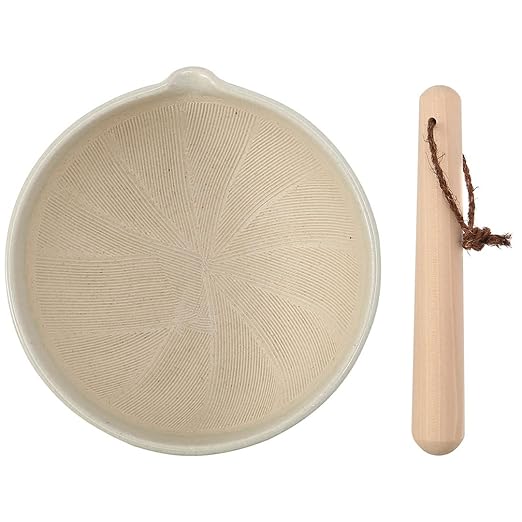 TIKUSAN Japanese Ceramic Ripple Ridge Mortar & Pestle Suribachi Bowl and Surikogi Set with Spout 7.1 inches Made in Japan (White)