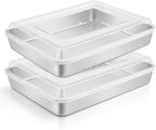 Leonyo Baking Pan with Lid Set of 2, 12⅓ x 9¾ x 2 Inch Rectangular Cake Pan, Refrige & Oven Safe Stainless Steel Deep Lasagna Pan Tray for Focaccia, Bread, Brownies, Casseroles