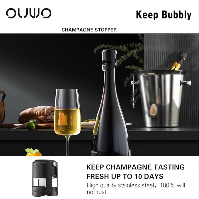 Champagne Sealer Stopper 6 Pack Stainless Steel Sparkling Wine Bottle Stoppers，Leak-Proof Bubble Retaining Saver，Suitable for Champagne Prosecco Cava and Sparkling (Black)