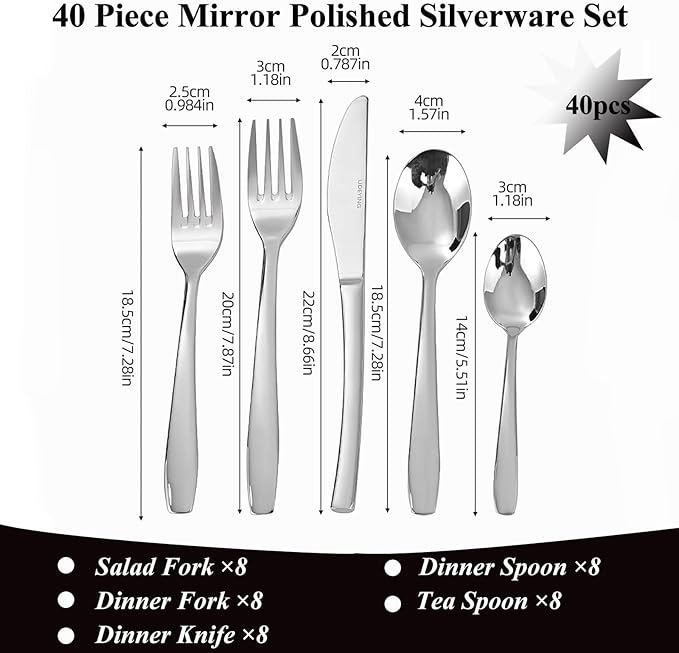 40 Piece Silverware Set,Stainless Steel Flatware Set for 8,18/0 Rust-Proof Cutlery Set with Forks & Spoons,Mirror Polished Dishwasher Safe - Heavy Duty Tableware for Home & Dining