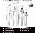 40 Piece Silverware Set,Stainless Steel Flatware Set for 8,18/0 Rust-Proof Cutlery Set with Forks & Spoons,Mirror Polished Dishwasher Safe - Heavy Duty Tableware for Home & Dining
