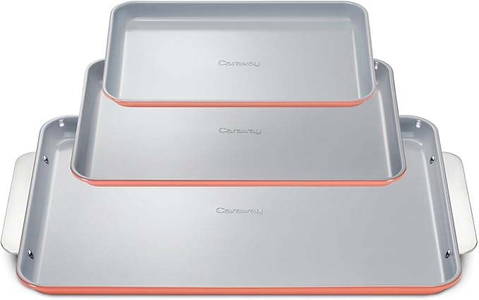 Caraway Non-Stick Ceramic Baking Sheet Trio - Naturally Slick Ceramic Coating - Non-Toxic, PTFE & PFOA Free - 18 x 13" Large, 15 x 10" Medium, & 9" x 13" Small - Perracotta