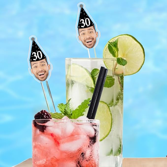 50 Pcs Personalized Drink Stirrers with Photo Face, Custom Face Cutout Party, 50th 60th 70th 80th 90th Birthday Stir Sticks, Decor for Birthday, Retirement, Graduation Parties
