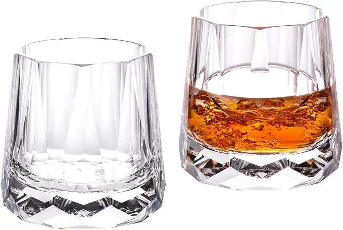 KAMMAK Crystal Whiskey Glasses Set of 2, 10 oz Handcrafted Old Fashioned Glass, Lead-Free Tumbler Glass with Delicate Rim, Seamless Modern Design & Thick Stable Base for Cocktails, Scotch, Bourbon