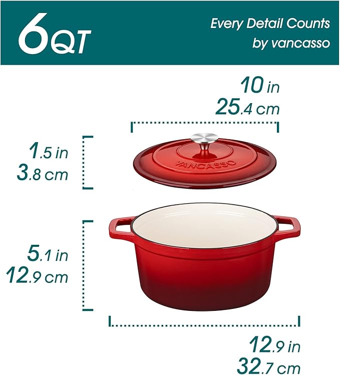 vancasso 6 QT Enameled Cast Iron Dutch Oven with Lid, Dual Handles for Bread Baking, Heavy-duty Round Dutch Oven, Non Stick Coating, All Heat Source, Red