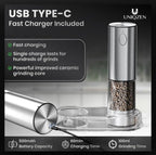 Electric Salt and Pepper Grinder Set – Rechargeable & Battery Operated, Automatic Stainless Steel Mills, Adjustable Coarseness, One-Handed Operation