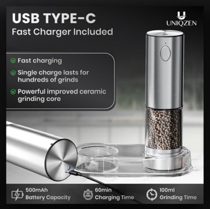 Electric Salt and Pepper Grinder Set – Rechargeable & Battery Operated, Automatic Stainless Steel Mills, Adjustable Coarseness, One-Handed Operation