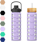 MUKOKO 24oz Glass Water Bottle with 2 Lids-Handle Flip Lid&Bamboo Straw Lid,Motivational Water Tumbler with Time Marker Reminder and Silicone Sleeve, Leakproof-Purple