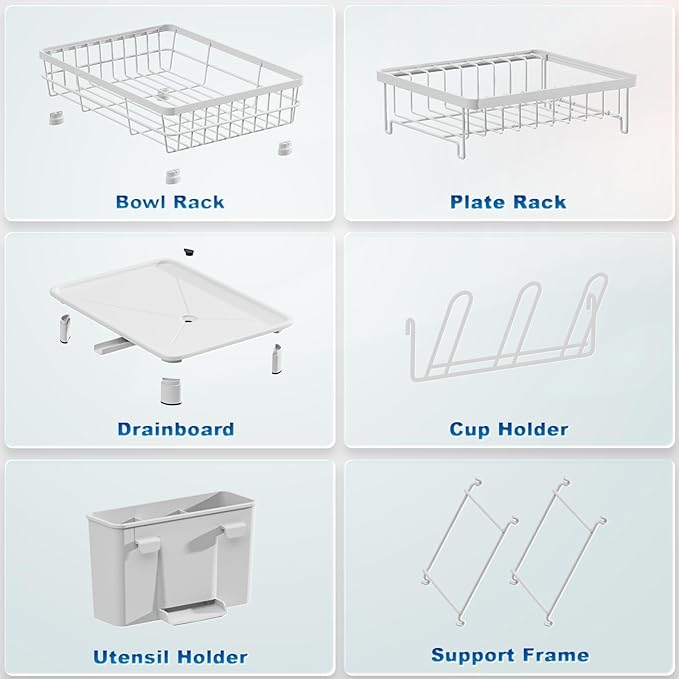 2 Tiers Dish Drying Rack, Space-Saving Dish Racks for Kitchen Counter, Dish Drainer Drying Rack with Drainboard, Utensil Holder Cups Holder and Adjustable Swivel Spout, White