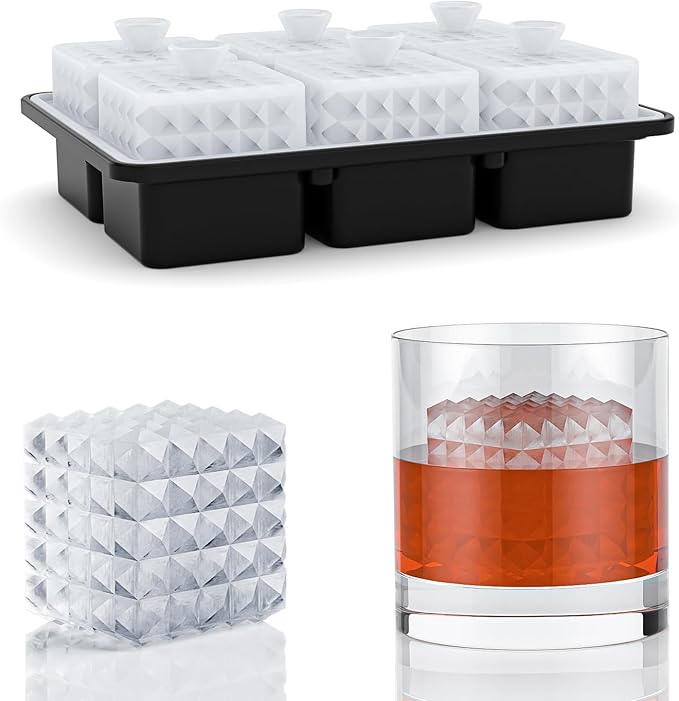 6 Chamber 1.97” 3D Crystal Square Ice Cube Tray With Funnel,Large Square Ice Molds Silicone Fun Shapes Whiskey Ice Cube Tray,For Chilling Whiskey,Cocktails,Bourbon,Brandy and Beverages