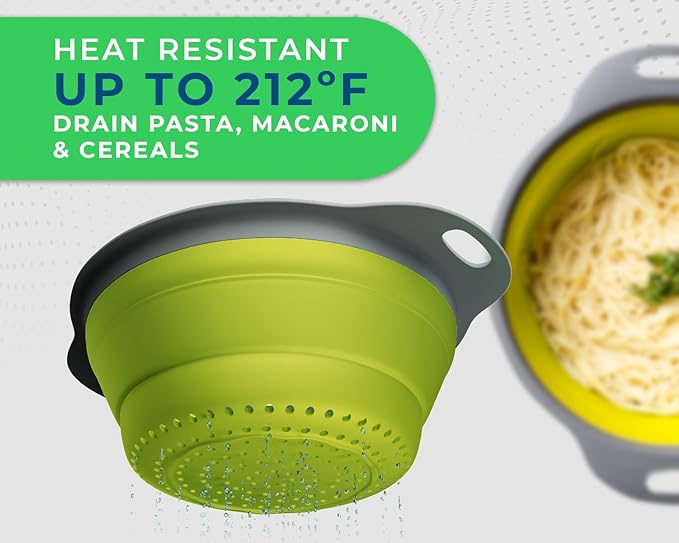 Ultimate Kitchen Strainers Set of 2 - Collapsible Silicone Colanders For Easy Storage by Comfify - Use with Pasta & Veggies or as a Fruit or Berry Bowl with Strainer - Irreplaceable for Campers -Green