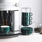 Sweejar Porcelain Cappuccino Cups with Saucers and Metal Stand, 8 Ounce Stackable Espresso Cups for Specialty Coffee Drinks, Latte, Americano, Tea - Set of 4 (Jade)