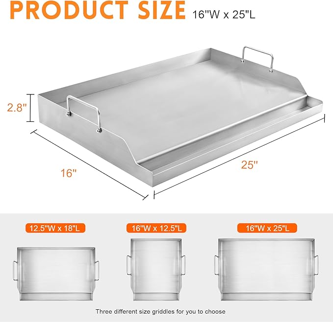 GGC Universal Griddle for Gas Grills, 25" x 16" Flat Top Griddle Plate for Gas Stove, Stainless Steel Griddle for Camping Stove, Nonstick Cooking Griddle for Charcoal, Tailgating, Parties