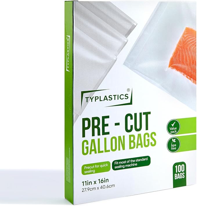 TYPLASTICS Vacuum Sealer Bags for Airtight Food Storage, 1 Gallon Pre-Cut Bags, 100 Count