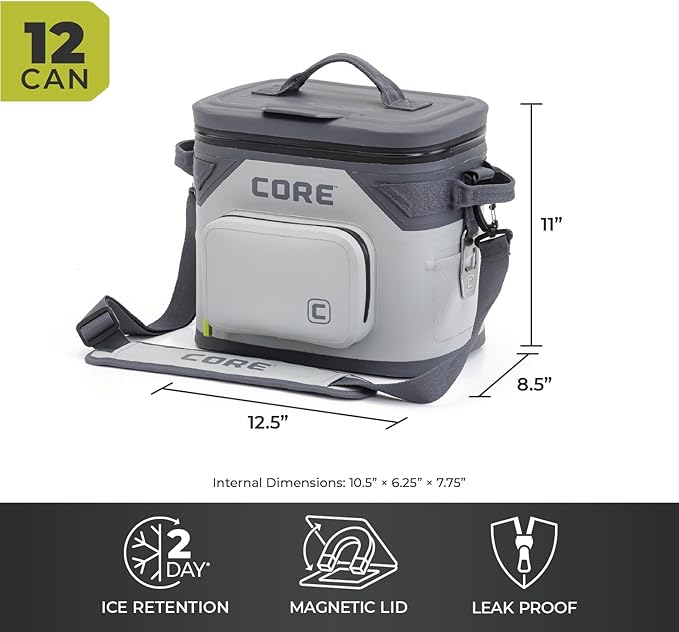 CORE Magnetic Leak Proof Soft Cooler with Waterproof Zipper | Insulated Bag Portable Ice Chest Box | Best Soft Cooler for Food & Beverages for Tailgating, Car Camping, Travel, and Family Beach Picnics