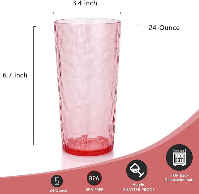 Yalin 24-Ounce Plastic Tumbler Acrylic Drinking Glasses, Reusable Plastic Cups, Stackable, BPA-Free, Shatter Proof, Dishwasher Safe, Set of 8 (Pink)
