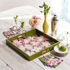 Pink Dogwood 15inch Square Lacquered Wooden Serving Tray with Handles, Coffee Table Ottoman Tray for Dining. for Food, Drinks, Cocktail, Great for Parties, Entertaining & Gift