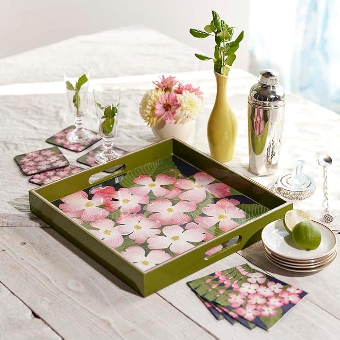 Pink Dogwood 15inch Square Lacquered Wooden Serving Tray with Handles, Coffee Table Ottoman Tray for Dining. for Food, Drinks, Cocktail, Great for Parties, Entertaining & Gift