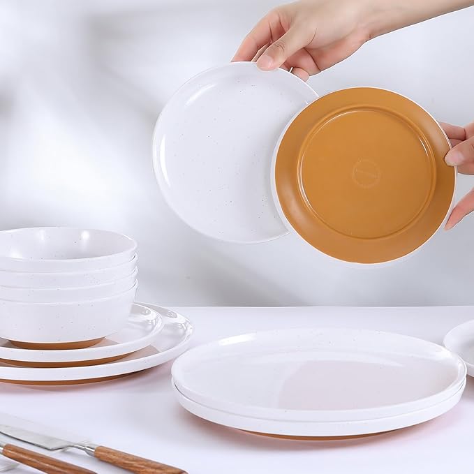 Webbylee 12-Piece Melamine Dinnerware Set - Unbreakable Plates & Bowls Set for 4, BPA-Free Lightweight Kitchen Dishes Idear for Camping, Picnic, Party,White & Brown