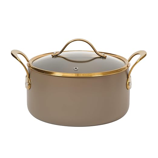 Bloomhouse - Two Time Oprah's Favorite Things Winner - 8 Piece Pots and Pans Heavy Duty Aluminum Premium PFA Free Ceramic Nonstick Dutch Oven Pot with Lid - Cappuccino Cream with Gold Handle