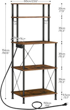 HOOBRO Kitchen Bakers Rack with Power Outlets, 5-Tier Microwave Stand, Coffee Bar with S-Shaped Hooks, Kitchen Storage Shelf Rack for Living Room, Dining Room, Rustic Brown and Black BF80UHB01
