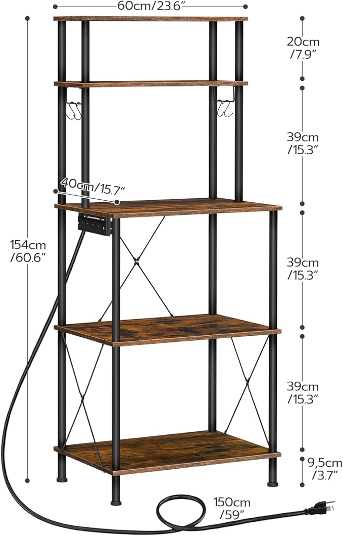 HOOBRO Kitchen Bakers Rack with Power Outlets, 5-Tier Microwave Stand, Coffee Bar with S-Shaped Hooks, Kitchen Storage Shelf Rack for Living Room, Dining Room, Rustic Brown and Black BF80UHB01