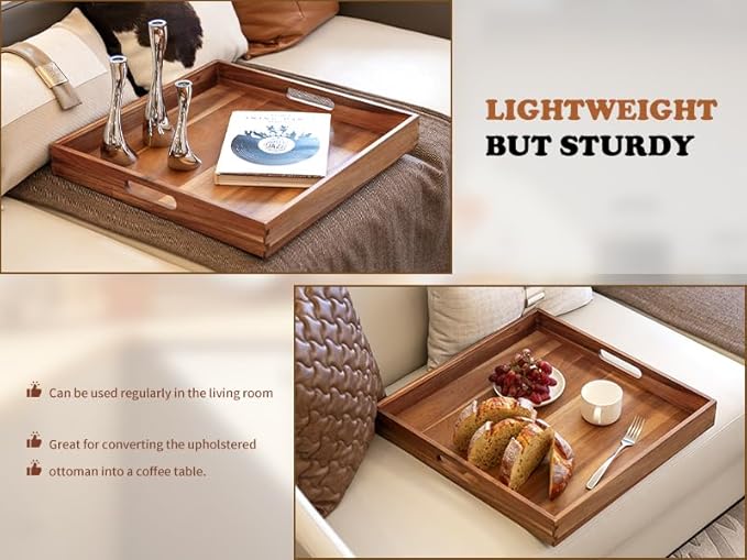 Large Ottoman Tray for Living Room, 20" Extra Large Tray for Ottoman Square Acacia Serving Trays with Handles for Coffee Table, Breakfast, Appetizers, Dinner