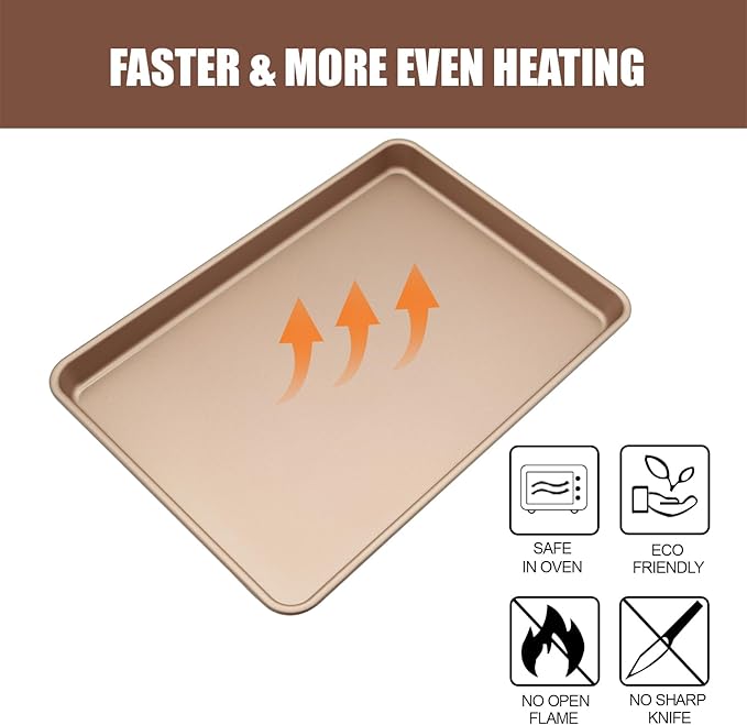 3-Pack Nonstick Carbon Steel Baking Sheet Set | Heavy Duty 0.8mm Cookie Sheets - Large 17.8"x12" & 2 Medium 15.7"x10.8" Commercial Gold Pans for Oven, Roasting & Toaster
