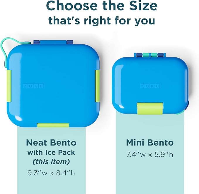 ZOKU - Bento Box with Ice Pack, Lunch Box for Kids, Easy to Carry and Clean, Freezer Pack Keeps Food Fresh, Fits Any Snack or Meal, Leakproof (Neat Bento) (Blue)