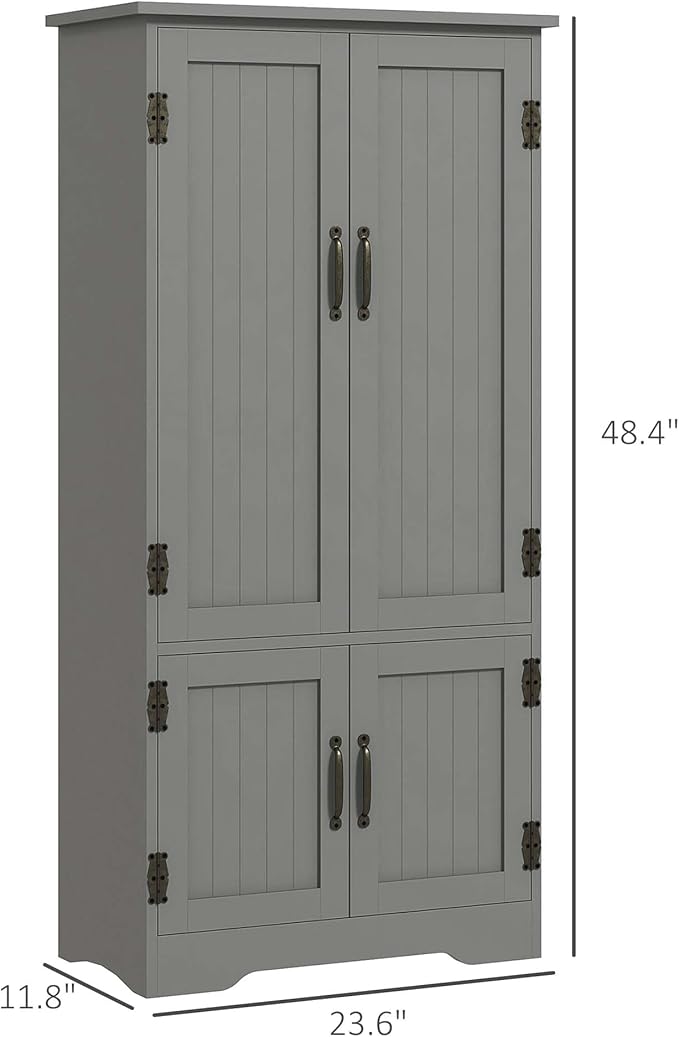 HOMCOM 48.5" Kitchen Pantry Cabinet with 2 Adjustable Shelves and 4 Beadboard Doors, Compact Farmhouse Kitchen Storage Cabinet for Dining Room, Gray