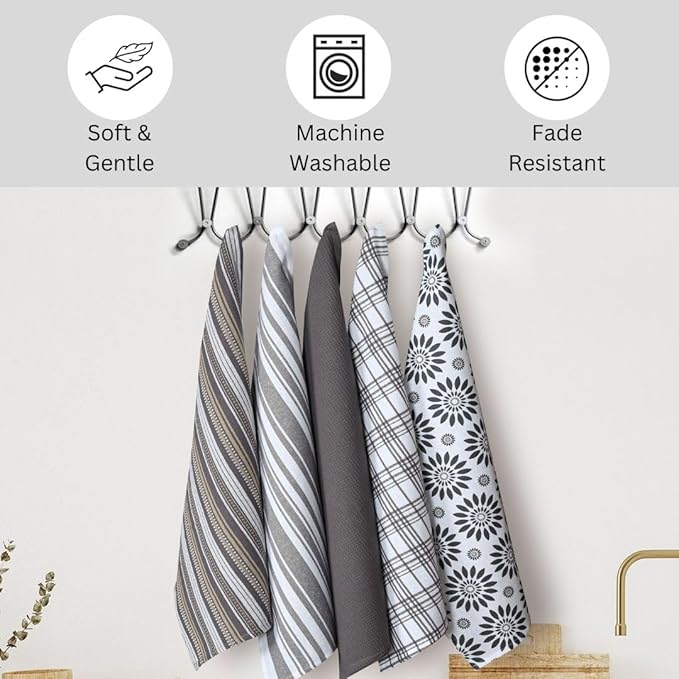 Assorted Kitchen Towels 100% Cotton Large 16x26 Inch Set of 5 - Soft Highly Absorbent Durable Reusable - Perfect for Drying Cleaning Everyday Kitchen Use - Quick Drying Dish Towels Grey