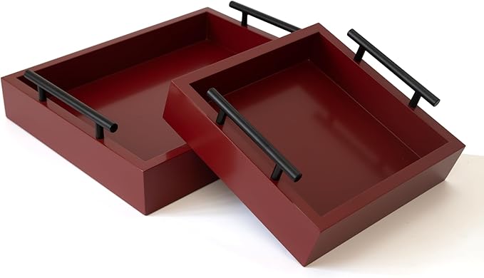 Set of 2 Serving Tray with Handles - for Coffee Table, Breakfast, Dinner Kitchen Living Room Bedroom, Home Decor for All Occasions, Red, Size S+M