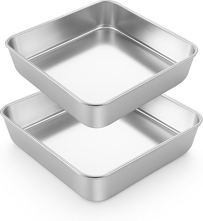 LIANYU 2 Pack 9 x 9 Inch Square Cake Pan, Stainless Steel Baking Lasagna Brownie Bread Pan, Square Bakeware for Birthday Party Wedding, Oven & Dishwasher Safe