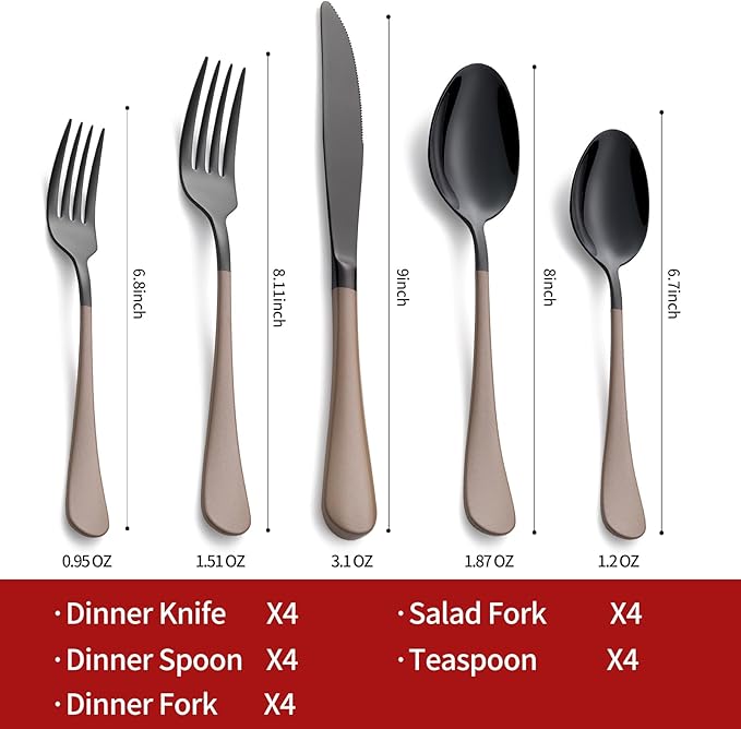 20-Piece Black Silverware Set 18/0 Stainless Steel Flatware Brown Handle Cutlery Set Service for 4 Dinner Knives Forks Spoons Set Mirror Finish Dishwasher Safe
