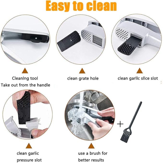 Garlic Press 2-in-1 Mincer, Crusher and Slicer with Peeler & Brush – Rustproof, Dishwasher Safe, Ergonomic Handle for Easy Squeeze and Cleaning