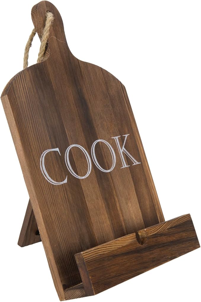 MyGift Cutting Board Brown Wood Cookbook Holder, Paddle Shaped iPad Tablet Easel Holder, Book Recipe Binder Stand with Kickstand and Cook Text Design