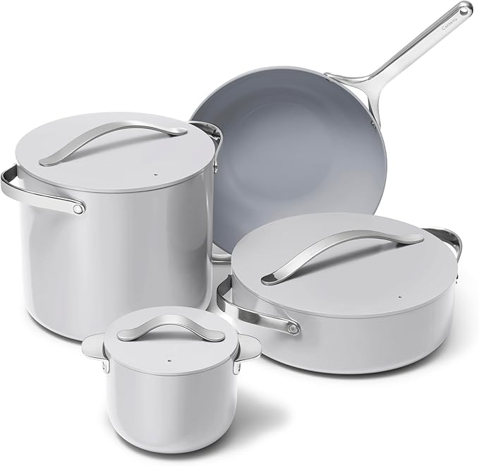 Caraway Cookware+ Collection - Specialty Cookware Set - Petite Cooker, Stir Fry Pan, Rondeau, & Stock Pot - 3 Lids & Storage Organizer Included - Gray