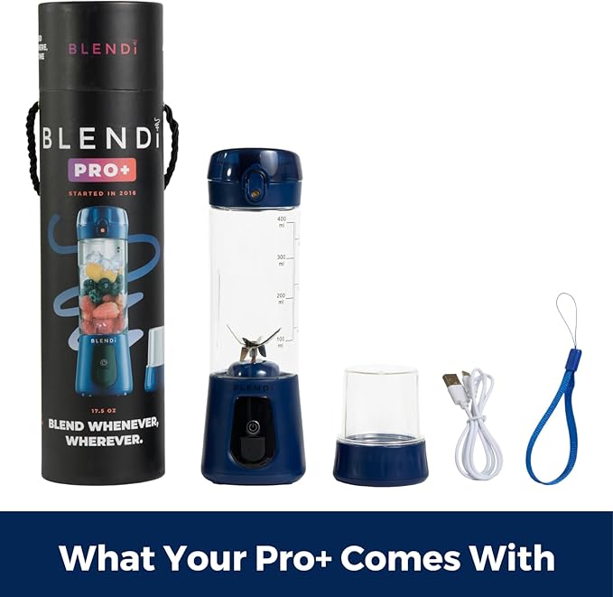 BLENDi Pro+ Portable Blender (17.5oz, Navy Blue) – Powerful Ice Crushing 120W Motor, USB-C Rechargeable, Cordless Personal Blender Smoothies & Shakes – BPA-Free, Self-Cleaning, Travel-Friendly