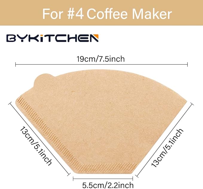 BYKITCHEN Size 4 Coffee Filters, 8-12 Cup, Set of 200, Coffee Filters 4 Cone Paper, Natural Unbleached Paper Filters for Pour Over Coffee Dripper and Coffee Maker