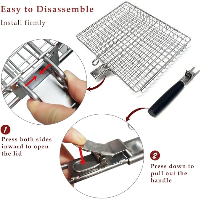 Large Grill Basket Set with Heat-Resistant Gloves & Skewers - Heavy Duty 304 Stainless Steel Folding BBQ Rack for Fish, Meat, Vegetables, Tailgating, Camping Gift for Grill Masters (Dad/Husband)