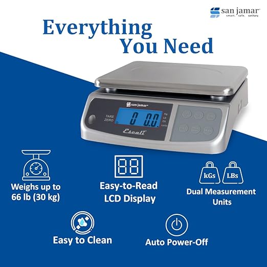 San Jamar Digital Food Scale, Battery Operated with 66 Pound Capacity for Cooking, Baking, Meal Prep, Diet Tracking, Stainless Steel, 6.82 Pounds, Silver