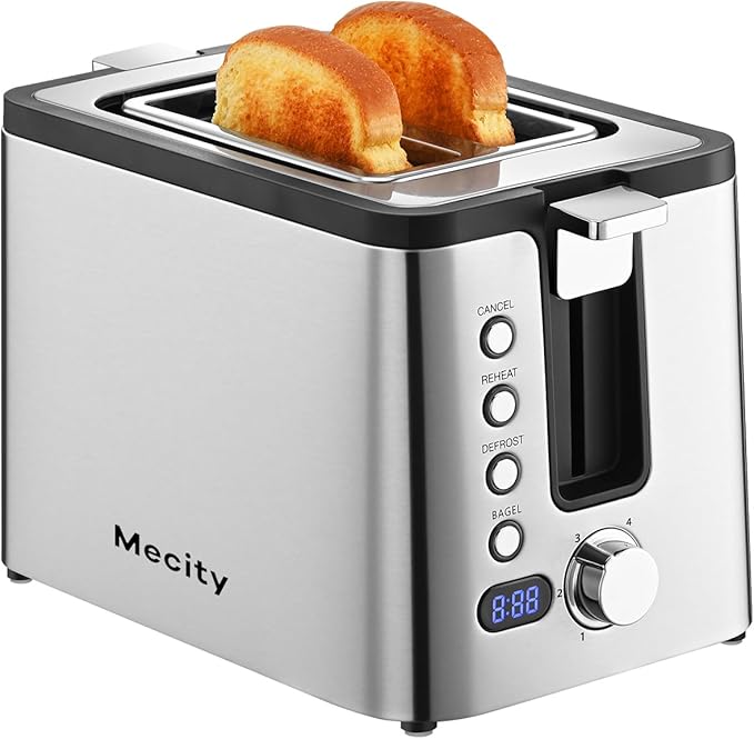 Mecity Toaster 2 Slice Stainless Steel with Countdown Timer, Bagel / Defrost / Reheat / Cancel Functions,Warming Rack, Removable Crumb Tray, 6 Browning Settings, Extra Wide Long Slots, Bread Toaster, 800 Watts